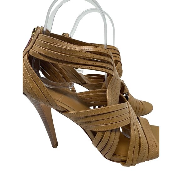 Tory Burch Liv Cage Gladiator Shoes Brown Leather Zipper Heels Open Toe Size 8M - Picture 2 of 11
